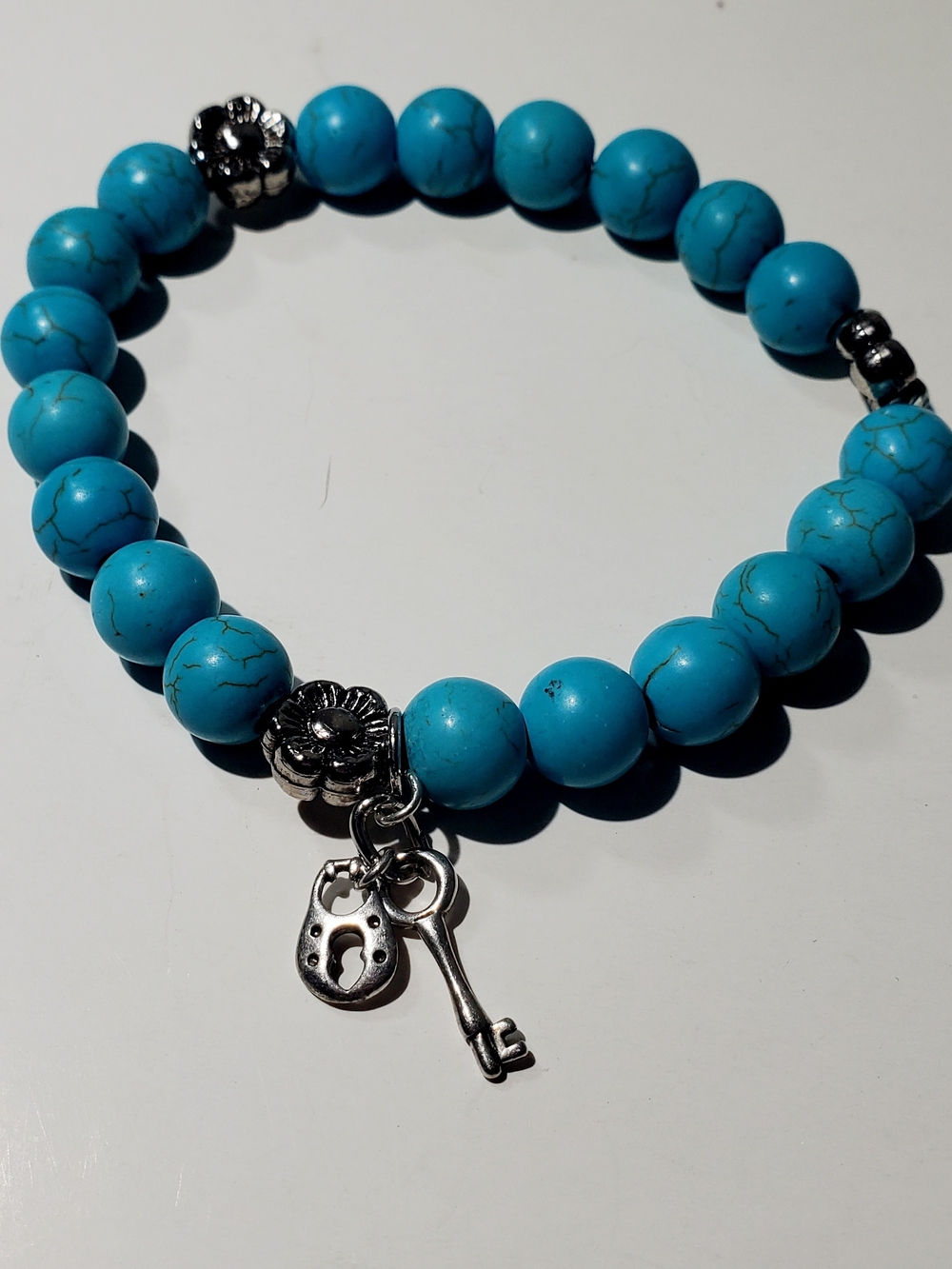 Turquoise Ceramic Beaded Charm Bracelet with Key & Lock